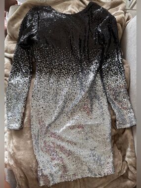 Ombre Sequin Long Sleeve Bodycon Dress - Black to Silver